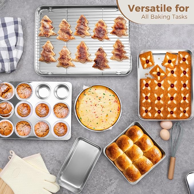 E-far 9-Piece Baking Pan Set, Stainless Steel Bakeware Sets for Sheet Cake Cookie Loaf Muffin, Include Baking Sheet, Round Square Rectangle Baking Pan & Cooling Rack, Dishwasher Safe - Image 4