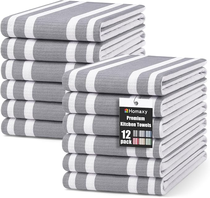 Homaxy Premium Cotton Stripe Kitchen Towels 12 Pack, 18"x 28", Grey | Large 380 GSM Kitchen Hand Towels, Soft Terry Dish Towels, Highly Absorbent Tea Towel Set with Hanging Loop by Homaxy