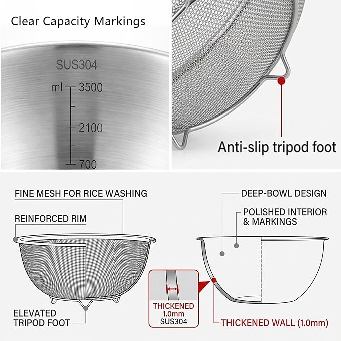 18/8 Stainless Steel Colander with Mixing Bowl, 3.5QT | 1 nesting mixing bowls with measurement marks and 1 fine 30-mesh strainers for rice,vegetables, pasta, baking, and food prep - Image 3