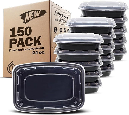 Freshware Meal Prep Containers [150 Pack] 1 Compartment with Lids, Food Storage Containers, Bento Box, BPA Free, Stackable, Microwave/Dishwasher/Freezer Safe (24 oz) by Freshware