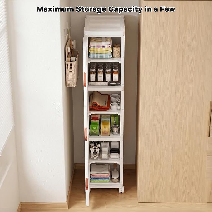 3-Tier Tall Narrow Plastic Storage Cabinet of 2, Foldable | Rolling Organizer with Lid,Doors,Stackable, Adjustable Shelves, Durable PP,Freestanding Bathroom Cabinet for Small Slim Space - Image 4