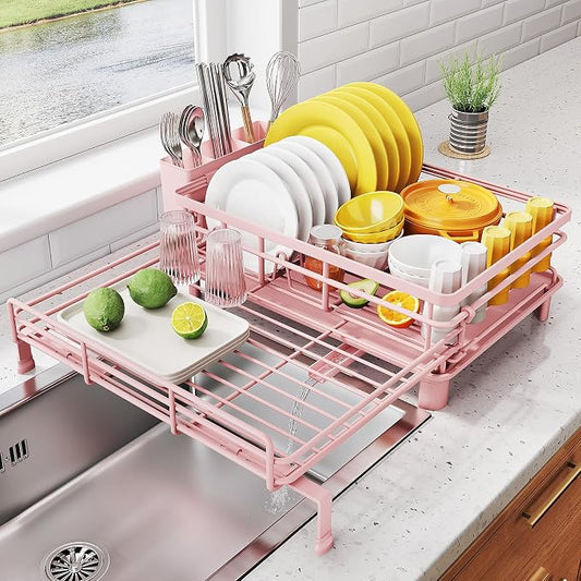 SNTD Expandable Dish Drying Rack for Kitchen Counter, Stainless Steel, Pink | Foldable Over Sink, Large Capacity, Adjust to Fit Most Sinks, Angled Drainboard, Removable Utensil Holder, Slip Resistant by SNTD