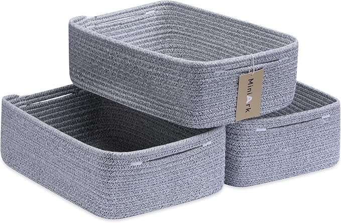 MiniArk Large Shallow Organizing Baskets 15x11x5.1 Inches - Rope Woven Storage Bins for Bathroom, Shelves, Cube Closet, Mixed Grey 3 Packs by MiniArkStorageBasketsHome