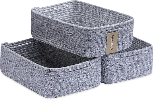 MiniArk Large Shallow Organizing Baskets 15x11x5.1 Inches - Rope Woven Storage Bins for Bathroom, Shelves, Cube Closet, Mixed Grey 3 Packs by MiniArkStorageBasketsHome