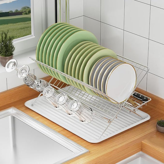 Dish Rack with Drip Tray, Stainless Steel 3-Tier Collapsible Drainer Dish Drying Rack for Kitchen Counter, Sink, Countertop,Cutlery, Dishes Utensils Flatware Holder Set, Reversible Cup Draining Rack by TABABAO