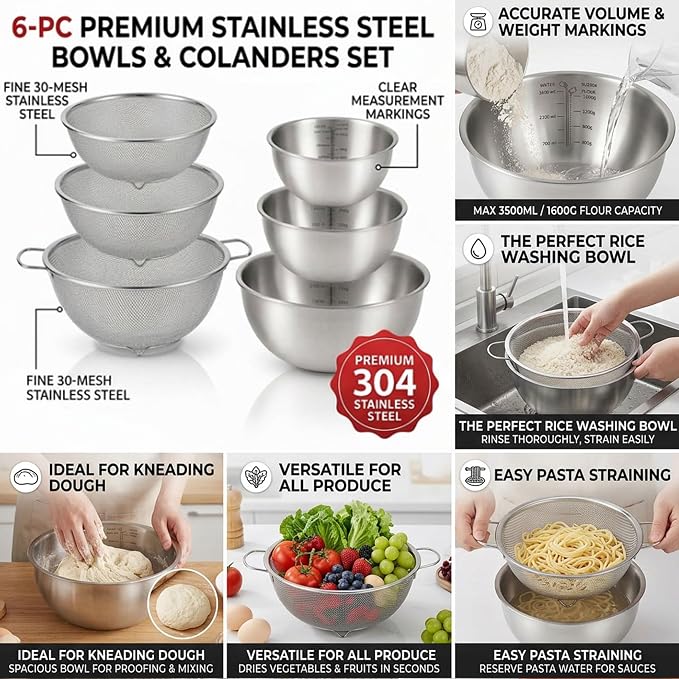 18/8 Stainless Steel Bowl and Colander Set, 6-Piece, Nesting | 3 nesting mixing bowls with measurement marks and 3 fine 30-mesh strainers for rice,vegetables, pasta, baking, and food prep - Image 5