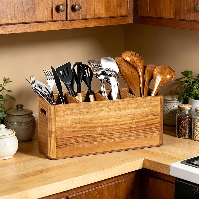 Wooden Utensil Holder for Kitchen Counter, Cooking Utensils Holder for Countertop, Kitchen Utensils Holder for Countertop, Large Utensil Holder for Kitchen Counter (Tan, 4 Compartment) - Image 6