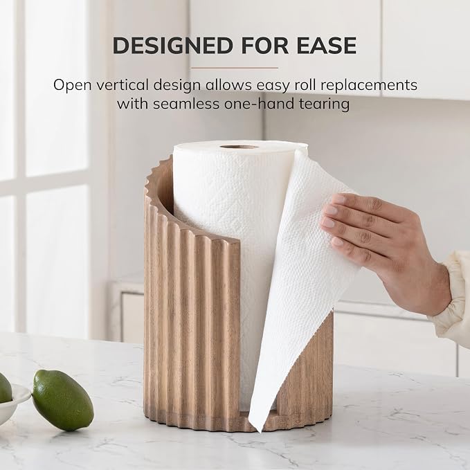 Anji Mountain Wooden Paper Towel Holder with Metal Holder, Holder Stand for Kitchen Roll Organizer & Kitchen Dining Table Home Décor, Countertop Fits Jumbo & Mega Rolls - Biscotti/Nickel, Fluted - Image 5