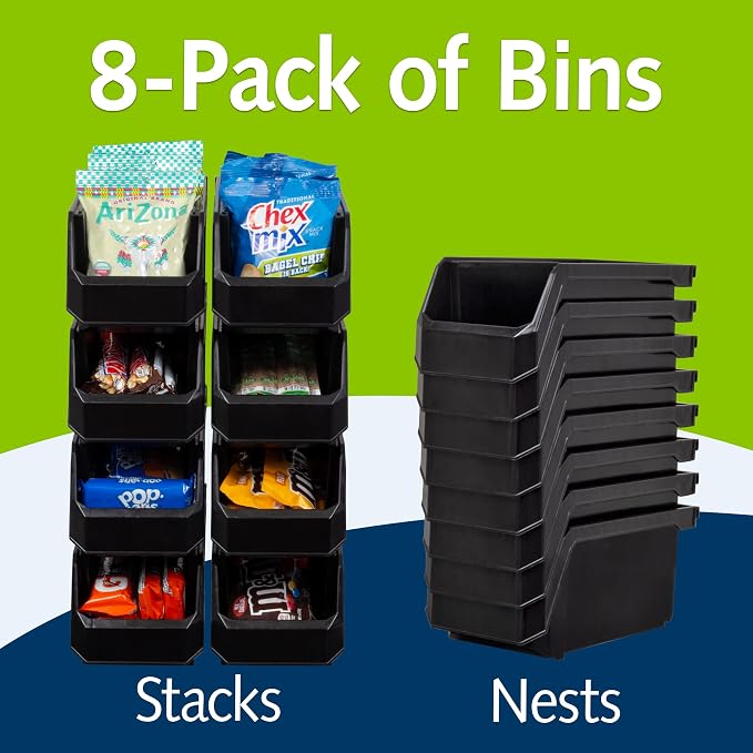 Medium Stackable Plastic Storage Bins, 8-Pack, Black | Open-Front Stackable Bins For Garage, Pantry, Closet & Office, 11"L X 5,5"W X 5"H, Nests When Empty, Durable Plastic, - Image 2