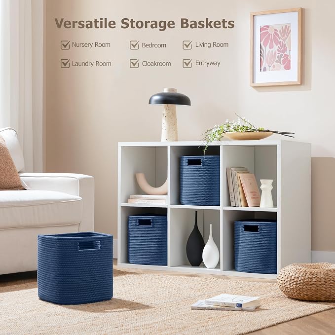 UBBCARE Set of 4 Storage Basket-11 X 10.5 X 10.5 In, Cotton Rope Basket for Shelves, Toys, Book, Cube Storage Bins with Handles, Woven Storage Basket for Organizing, Navy Blue - Image 3