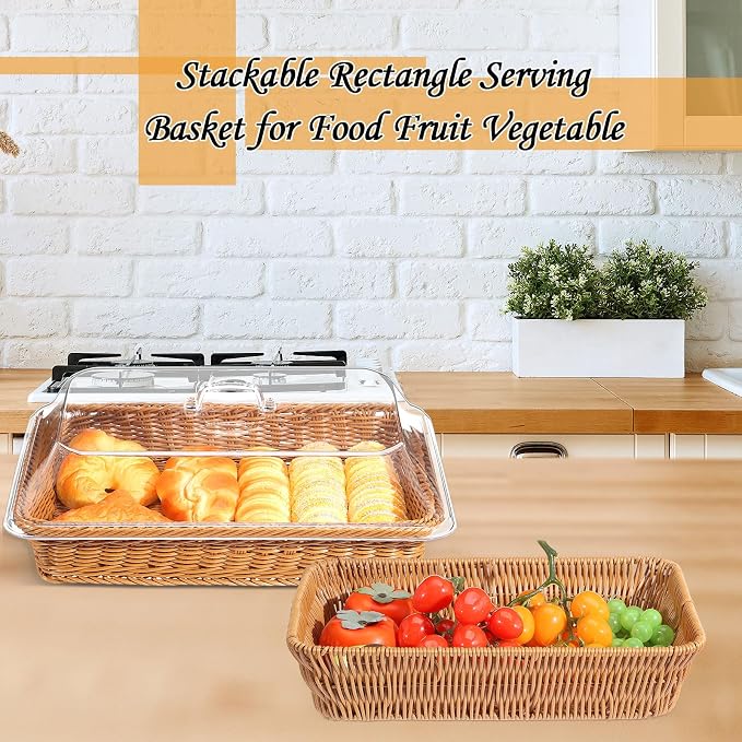 2 Set Wicker Bread Basket for Serving with Acrylic Lid Cover Imitation Rattan Bread Basket Woven for Fruit Summer Picnic BBQ Pool Party Outdoor Housewarming Gift(15.75" X 11.81",13.78" X 9.84") - Image 4