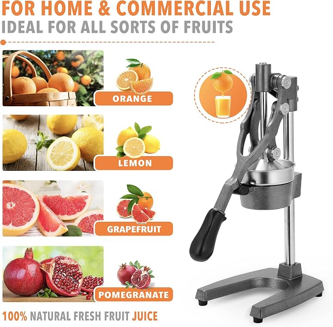 19 Inch Height Extra Tall Commercial Heavy Duty Cast Iron Hand Press Manual Orange Citrus Lemon Lime Grapefruit Pomegranate Fruit Juice Squeezer Machine with Stainless Steel Cup Grey - Image 4