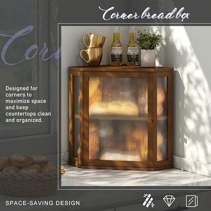 Corner Bread box for Kitchen Countertop,Farmhouse Bread Box with Acrylic Wavy Door Panel,Large Bread box for kitchen countertop,Food Storage Container (Brown, Extra Large) - Image 3