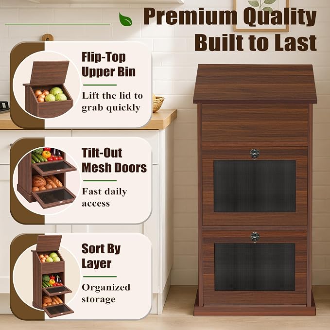 Potato and Onion Storage Bin with Lid, 3-Tier Vegetable Storage, Wooden Rustic Bread Box Cabinet for Fruit and Vegetable, Food Storage Containers Cabinet for Kitchen Pantry(Walnut) - Image 5