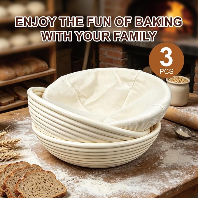 3 Pack Banneton Bread Proofing Basket, 9 Inch Round Sourdough Proofing Basket with Thick Liner, Splinter Free Food Grade Rattan Handwoven Bread Banneton for Home Baking - Image 3