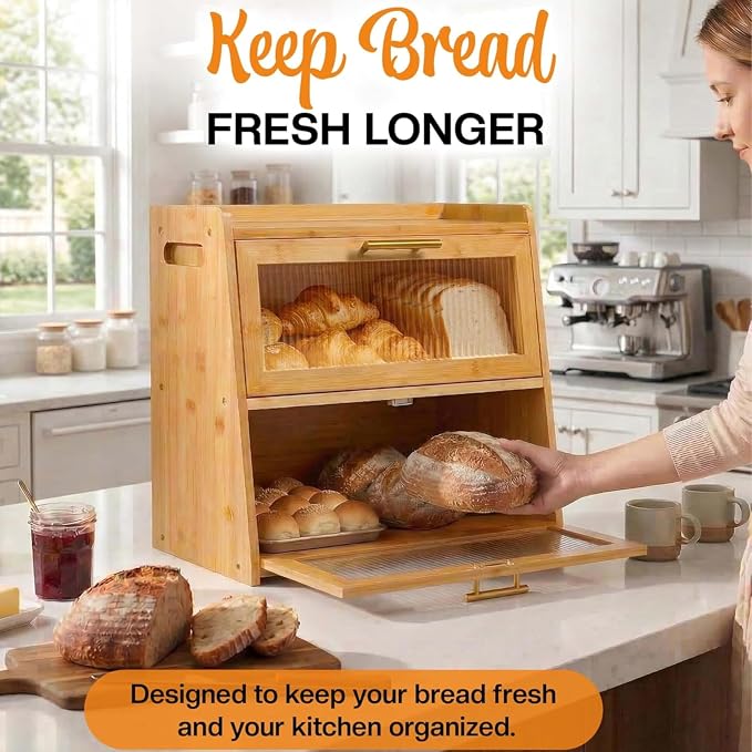 Extra Large Bamboo Bread Box for Kitchen Countertop, Double Layer Wooden Breadbox Holds Multiple Loaves of Homemade Bread, 16.5 Inch Storage Container with Frosted Acrylic Windows - Image 4