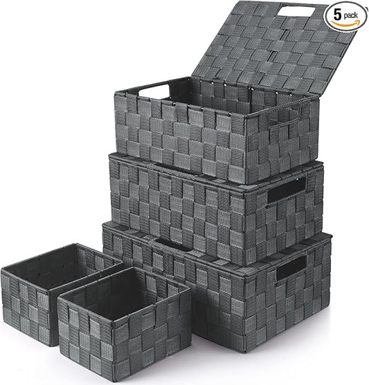 Storage Baskets with Lids: 5 Pack Stackable Woven Storage Bins, Grey | Decorative Woven Baskets for Organizing with Built-In Handles for Shelves, Closets, Cabinets and Cubbies, Gift Small Basket by Uvellgift