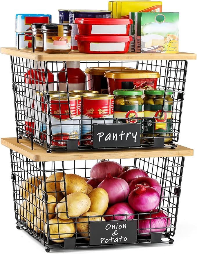 2 Set XXL Stackable Wire Basket with Bamboo Tops & Tag- Pantry Organizer and Storage Bins, Kitchen Counter Cabinet Shelf Countertop Under Sink Organizing, Food Snack Produce Onion Potato Bread Storage - Image 7