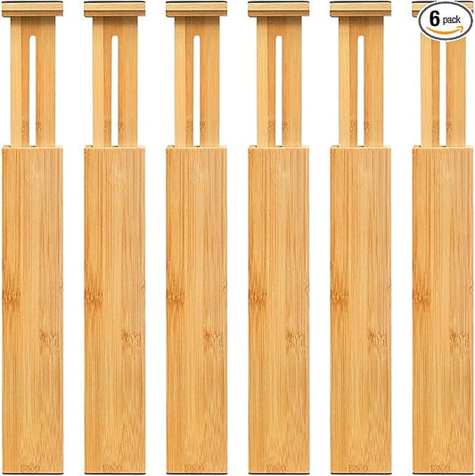 VaeFae 6-Pack Adjustable Bamboo Drawer Dividers, Expandable Drawer Organizer for Kitchen Utensils, Clothes, Bathroom, Office – Fits Drawer Interiors 16.6" to 21.8" by VaeFaeDirect