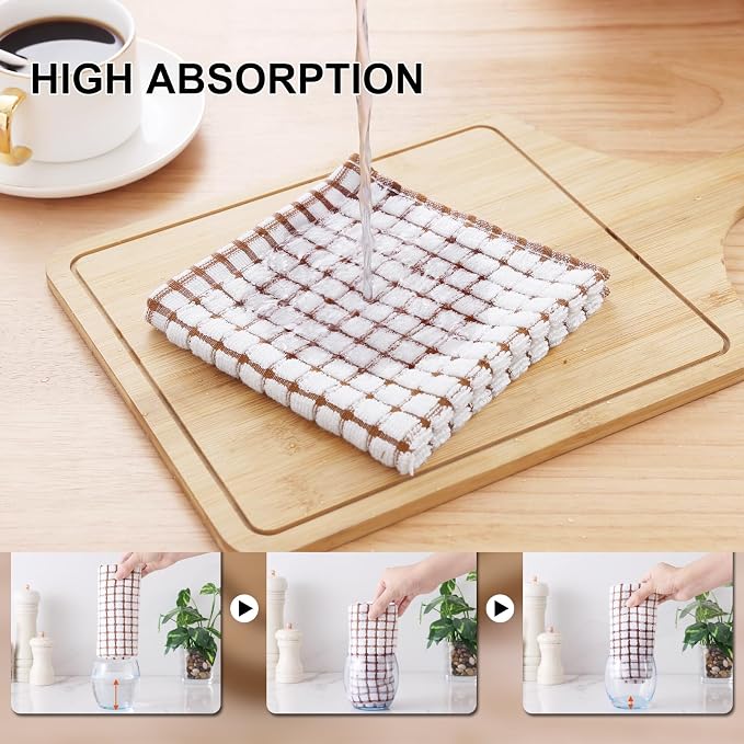 Kitinjoy Cotton 12 Pack Kitchen Towels and Dishcloths Sets, Brown | 16 x 25 Inch & 12 X 12 Inch Dish Towels Bulk, Super Soft and Absorbent hand towels for kitchen Drying - Image 3