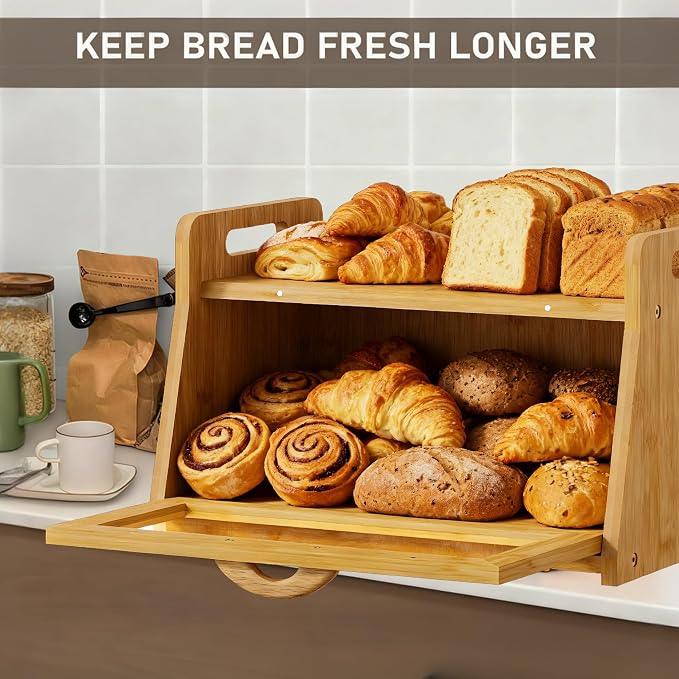 BAMBANG Extra Large Bread Box, Bread Box for Homemade Bread, Bamboo Wooden Bread Storage Container with Tool Holder & Handles & Window, Assembly Required(14.9" x 9.8" x 9.4") Natural - Image 3