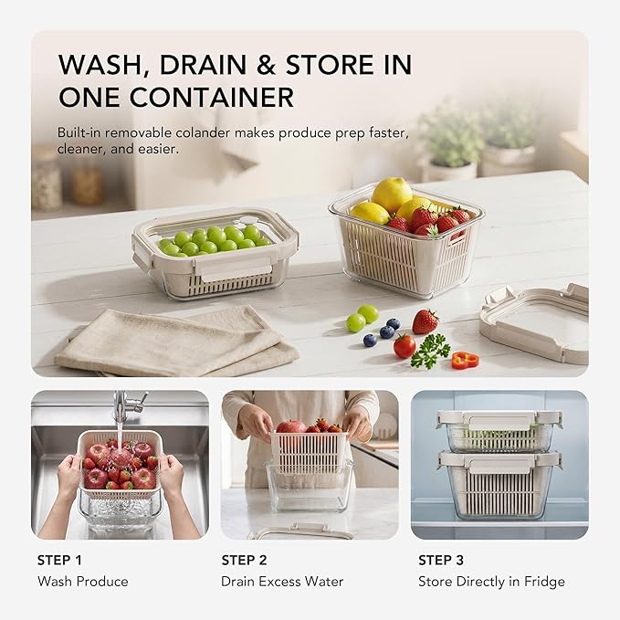 Glass Fruit Storage Containers for Fridge, 2 Pack Produce Containers with Removable Colanders & Vent Glass Lids, Airtight Fruit & Vegetable Storage, BPA Free Borosilicate Glass - Image 3