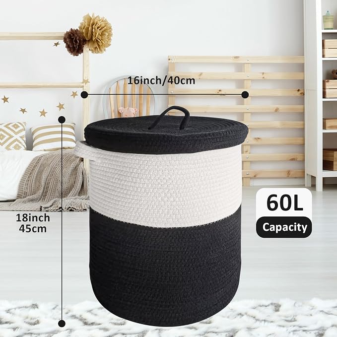 Large Storage Basket with Lid 60L, 16"Wx18"H Woven Laundry Hamper Basket with Handle, Room Decor Cotton Rope Wicker Basket Toy Organizer Bins for Clothes Blankets Pillows, Black/White Mix includes Lid - Image 2