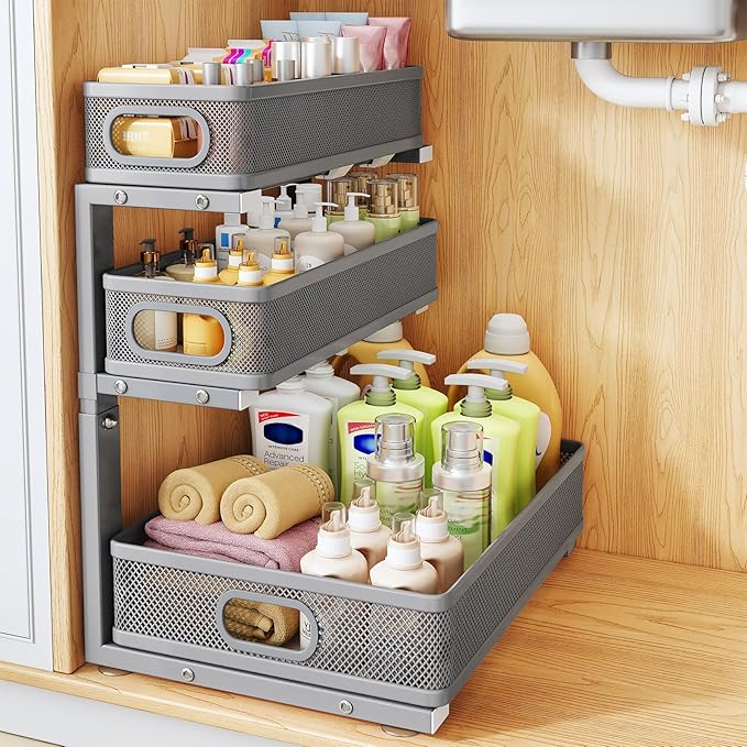 Under Sink Organizer, 3-Tier Thickened Metal Pull out Cabinet Organizer Shelf, Height Adjustable Slide out Storage Drawer Rack for Kitchen Bathroom Pantry Laundry Home Organization, 1-Pack, Grey | 35% Extra Storage Capacity, Carbon Steel, Hold Up 55lbs... by HERJOY
