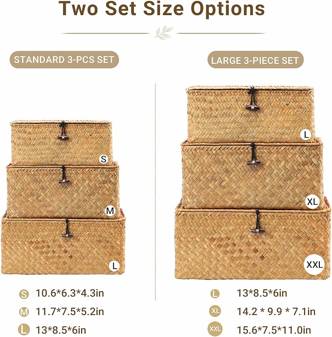 Nonam Storage Basket with Lid, Natural Seagrass Bin with Lid Set of 3, Shelf Baskets Multipurpose Container for Boho Decoration, Rectangular Household Storage Boxes for Home Organization-Natural - Image 3