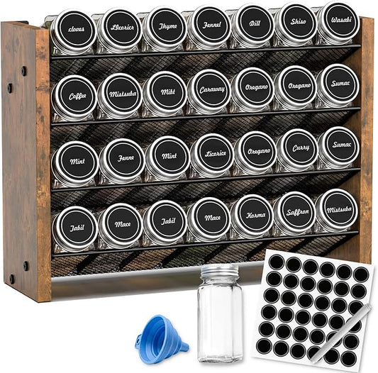 NESAPTO Spice Rack Organizer with 28 Glass Spice Jars, Wood 4-Tier Seasoning Organizer with Labels for Cabinet, Pantry, Countertop or Wall Mount, Chalk Marker and Funnel Set, 14" W × 9.4" H by NESAPTO