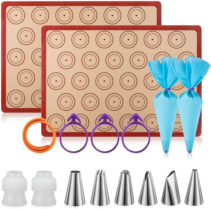 Angadona Macaron Silicone Baking Mats Kit (16pcs set) Macaroon Baking Mat Set of 2 Half Sheet Macaron Silicone Mat Nonstick Macaron Mat Sheet,6 Piping Tip,2 Piping Bag with 3 Bag Tie,2 coupler by Angadona