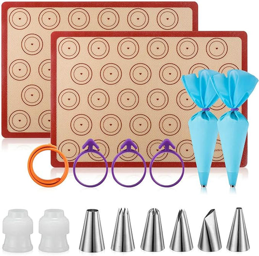 Angadona Macaron Silicone Baking Mats Kit (16pcs set) Macaroon Baking Mat Set of 2 Half Sheet Macaron Silicone Mat Nonstick Macaron Mat Sheet,6 Piping Tip,2 Piping Bag with 3 Bag Tie,2 coupler by Angadona