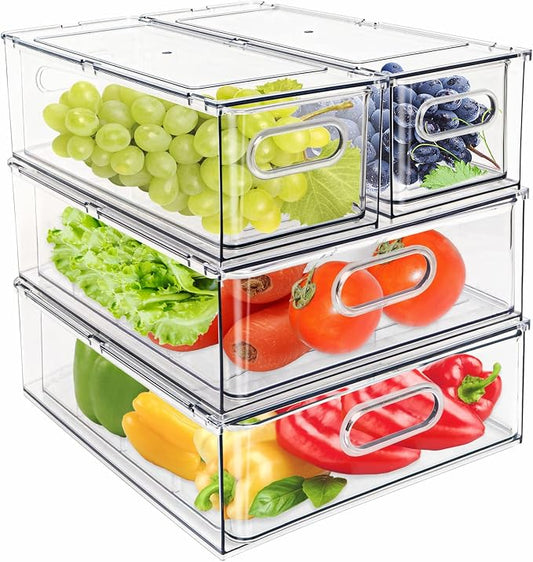 4Pack Stackable Refrigerator Organizer Bins Pull Out Drawer Large Vegetable Fruit Storage for Fridge Organizer Drawers with Handle Clear Food Storage Container Box for Kitchen Pantry Cabinet by Eanpet