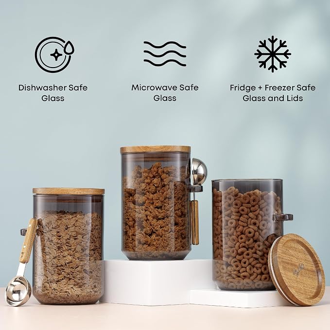 JoyJolt Holden 32oz Stackable Glass Storage Containers with Lids and Scoops, Airtight Food Canister Set of 3 w/Acacia Wood Lids, Round Stacking Pantry and Kitchen Containers w/Scoop | Smoke - Image 3
