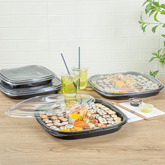 Restaurantware Plastic Sushi Trays 100 Pack of 13.5 x 13.5 x 1.77 Inch With Clear Lids Leak-Resistant Sushi Take Out Boxes Stackable Containers For Grab-And-Go - Image 8