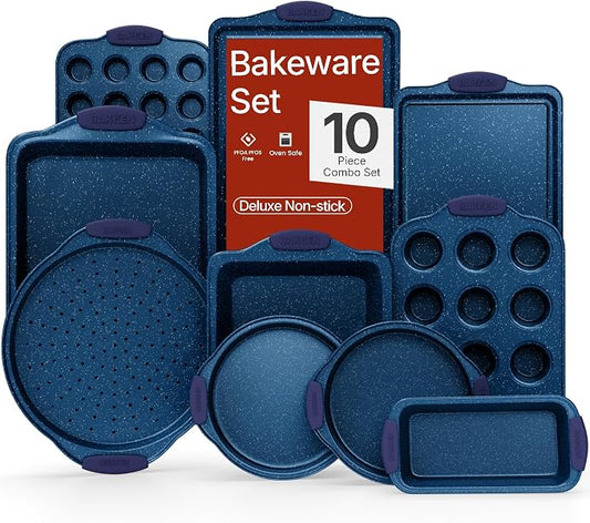 BAKKEN Kitchen Baking Pan Set - Nonstick Coating, Carbon Steel Bakeware Sets with Blue Silicone Handles, Baking Kitchen Essentials, PFOA, PFOS, PTFE Free, Oven Safe Tray (Up To 450° F), Set of 10 by BAKK%C3%8BNMASTER