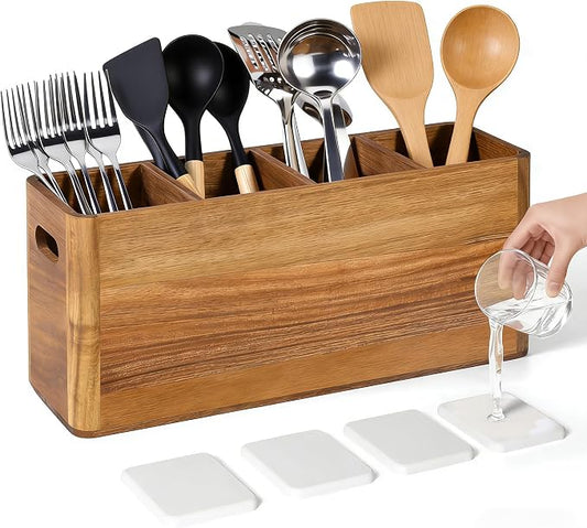 Wooden Utensil Holder for Kitchen Counter, Cooking Utensils Holder for Countertop, Kitchen Utensils Holder for Countertop, Large Utensil Holder for Kitchen Counter (Tan, 4 Compartment) by Unknown