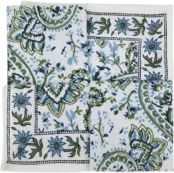 18x18 Inches Cotton Napkins Set of 4, White Green, Washable Hand Block Printed Reusable Cloth Napkins for Dinning, Party, Wedding, Home Decor Fall - Image 5