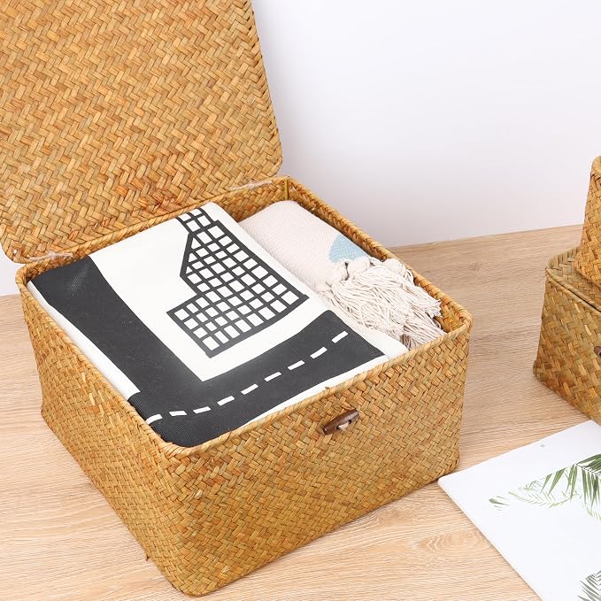 Moosky Wicker Shelf Baskets with Lid, Handwoven Seagrass Storage Basket Bins Square Gift Boxes for Shelves Home Decor Organizer (Natural, Large) - Image 2