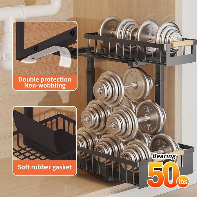 Under Sink Organizer, 2-Tier Slide Out Under Cabinet Storage for Kitchen/Bathroom, Adjustable Double Layer Under Sink Drawers, Space Saving Inder Sink Organizer for Cleaning Supplies(Black,2 Packs) - Image 4