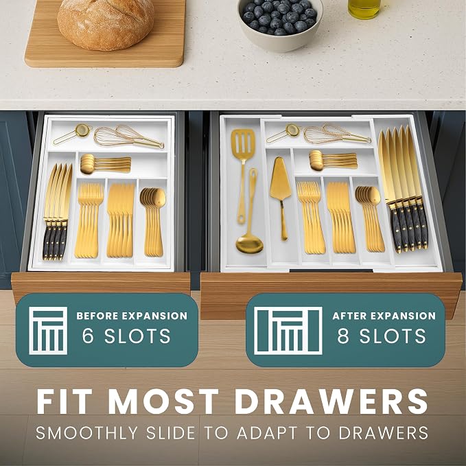 Sben Expandable Drawer Organizer for Utensils Holder, Adjustable Cutlery Tray, 6-8 Slots, Premium Wood Drawer Dividers Organizer for Silverware, Flatware, Knives for Kitchen (White) - Image 8