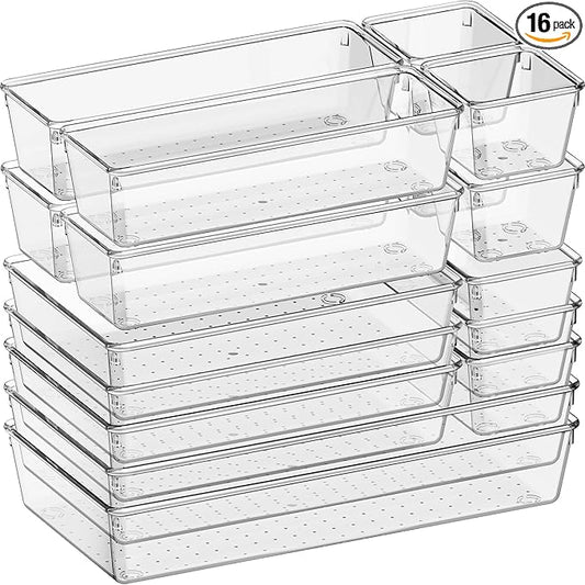 16 Pack Large Clear Plastic Drawer Organizer Bins - 5 Size Acrylic Bathroom and Vanity Organizers and Storage Trays for Makeup Office Home, Kitchen Drawer Organizer for Utensils, Gadgets by Criusia