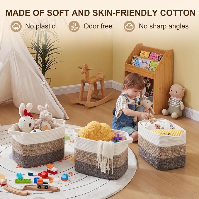 OIAHOMY Storage Basket, Woven Baskets for Storage, Cotton Rope Basket for toys,Towel Baskets for Bathroom - Pack of 3, Gradient Dark Brown - Image 3