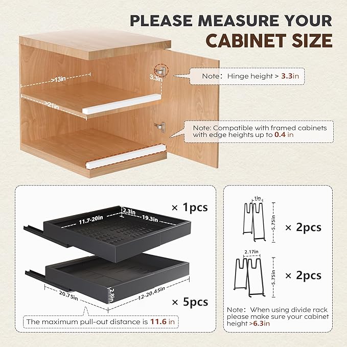 Seinloes 6 Pack Pull Out Cabinet Organizers 21" Deep With Raising Pad for Framed Cabinets, Expandable Slide Out Drawers with 4pcs Divider Racks, Roll Out Shelves, Adjustable Width 12"-20.45" Black - Image 4