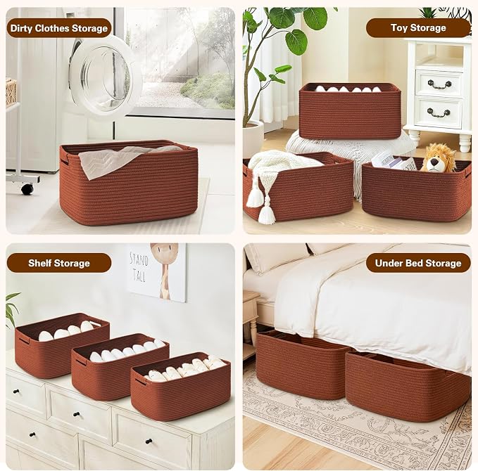 3 Pack Large Storage Basket for Organizing, 17.5"x13"x7" Woven Basket for Shelves, Closet Cube Storage Bins with Wrapped Handle, Cotton Rope Baskets for Kitchen, Clothes, Toys(Oxide Red) - Image 5