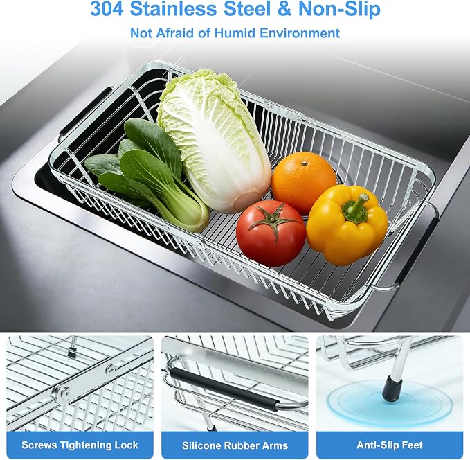 Over The Sink Dish Drying Rack Expandable Kitchen Sink Organizer | 304 Stainless Steel Dish Rack in Sink Drying Rack 2-in-1 Extend Sink Drain Basket and Dish Drainers for Kitchen Counter - Image 5