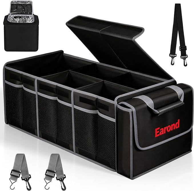 Collapsible Trunk Organizer with Insulated Leakproof Cooler Bag,Removable Lid,Adjustable Securing Straps,3 Compartments Trunk Organizer for SUV,Truck,Sedan(Grey & Black) by EarondLabProducts