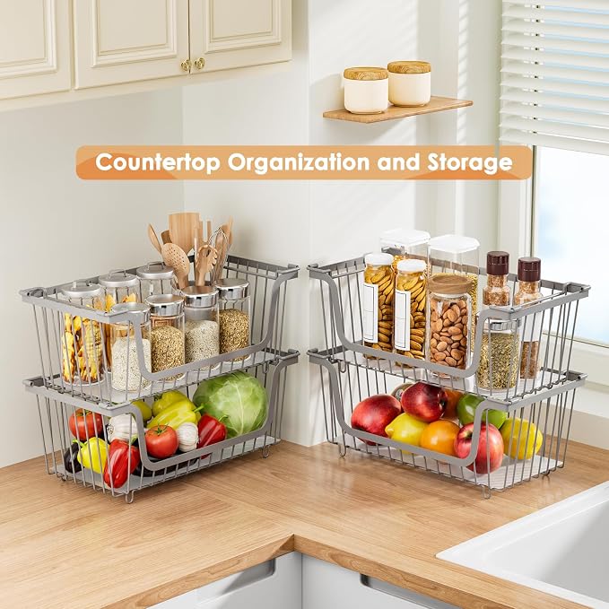 4 Pcs Stackable Wire Baskets for Pantry Organizers and Storage, Gray | Metal Baskets with Handles,Produce Potato Onion Storage Bin,Vegetable Fruit Basket for Countertop, Kitchen Storage - Image 3