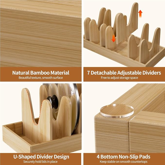 Housolution Bamboo Pot and Pan Lid Organizer Holder Storage Rack | 7 Adjustable Dividers, Upgrade Solid Wooden Base, Easy Assembly - Image 4