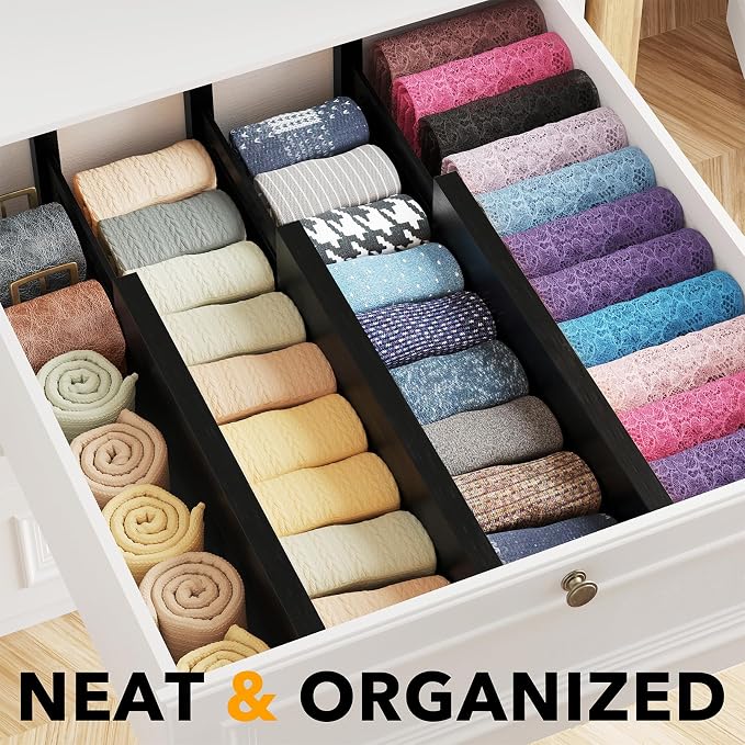 SpaceAid Bamboo Dresser Drawer Dividers 6 Pack, 4.65“ High Adjustable 12.5“-17” Drawer Organizers, Expandable Organization for Clothing, Clothes, Dressers, Black - Image 2